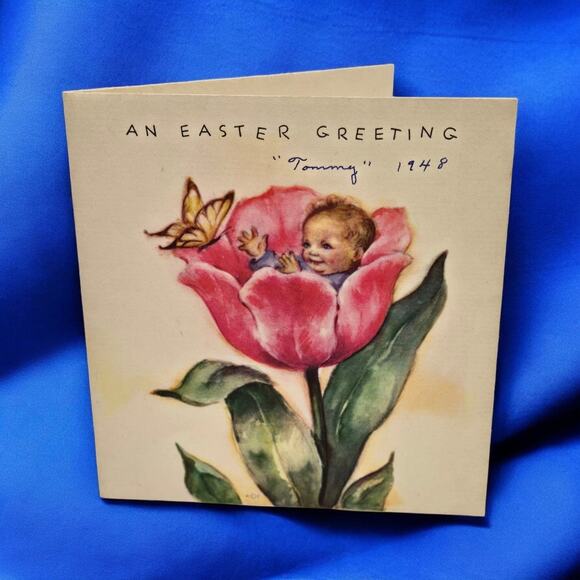 1947 Marjorie Cooper Easter Baby Inside Tulip Butterfly Vintage Rust Craft Card - Picture 1 of 10
